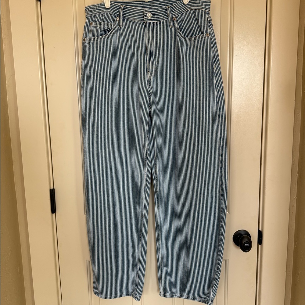 GAP High Rise UltraSoft Denim Stripe Barrel Jeans